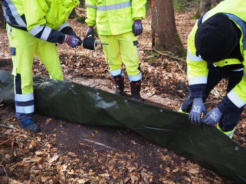 Auszubildende helfen beim Bau des Amphibienschutzzauns